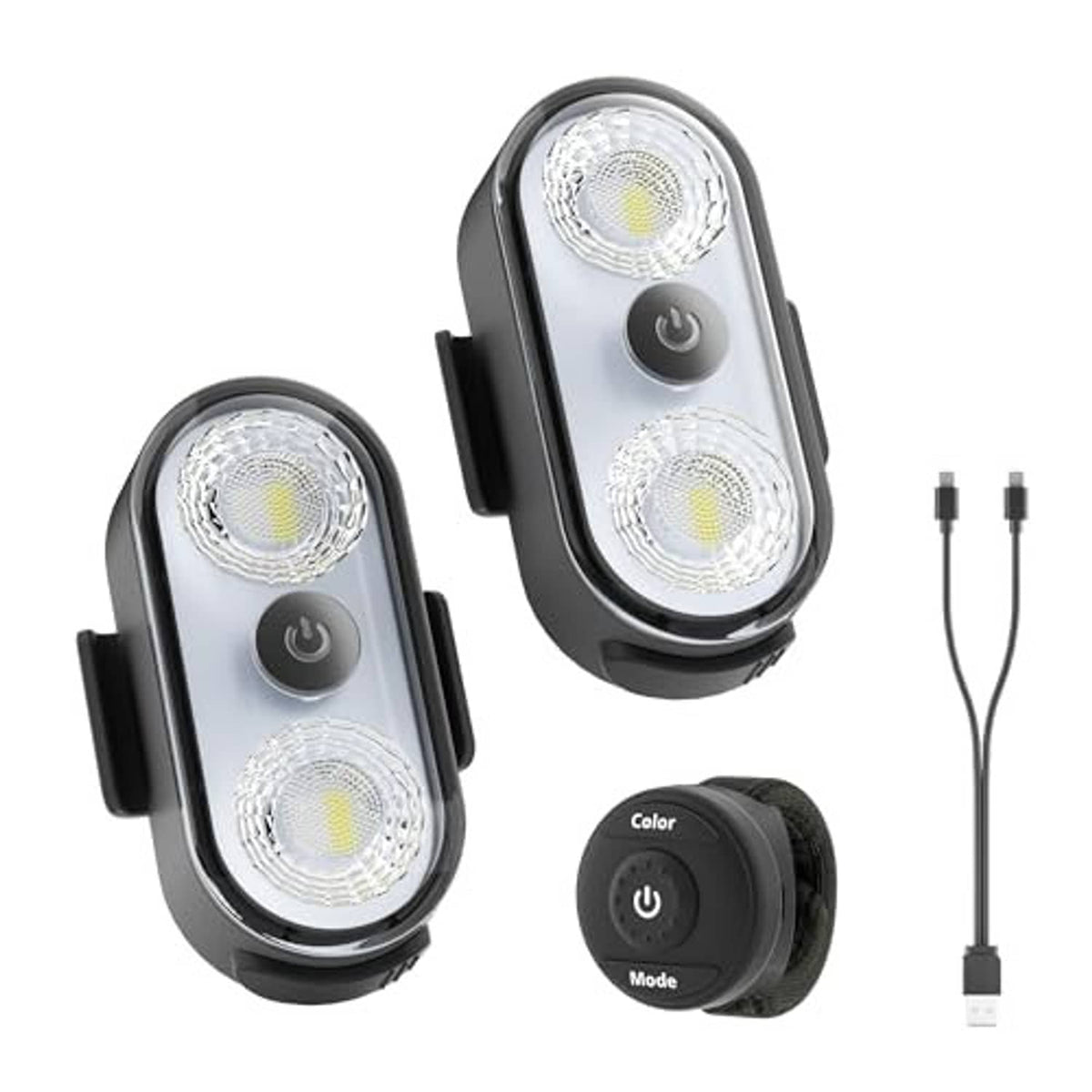 Two oval clip-on LED interior lights with black remote button and USB cable