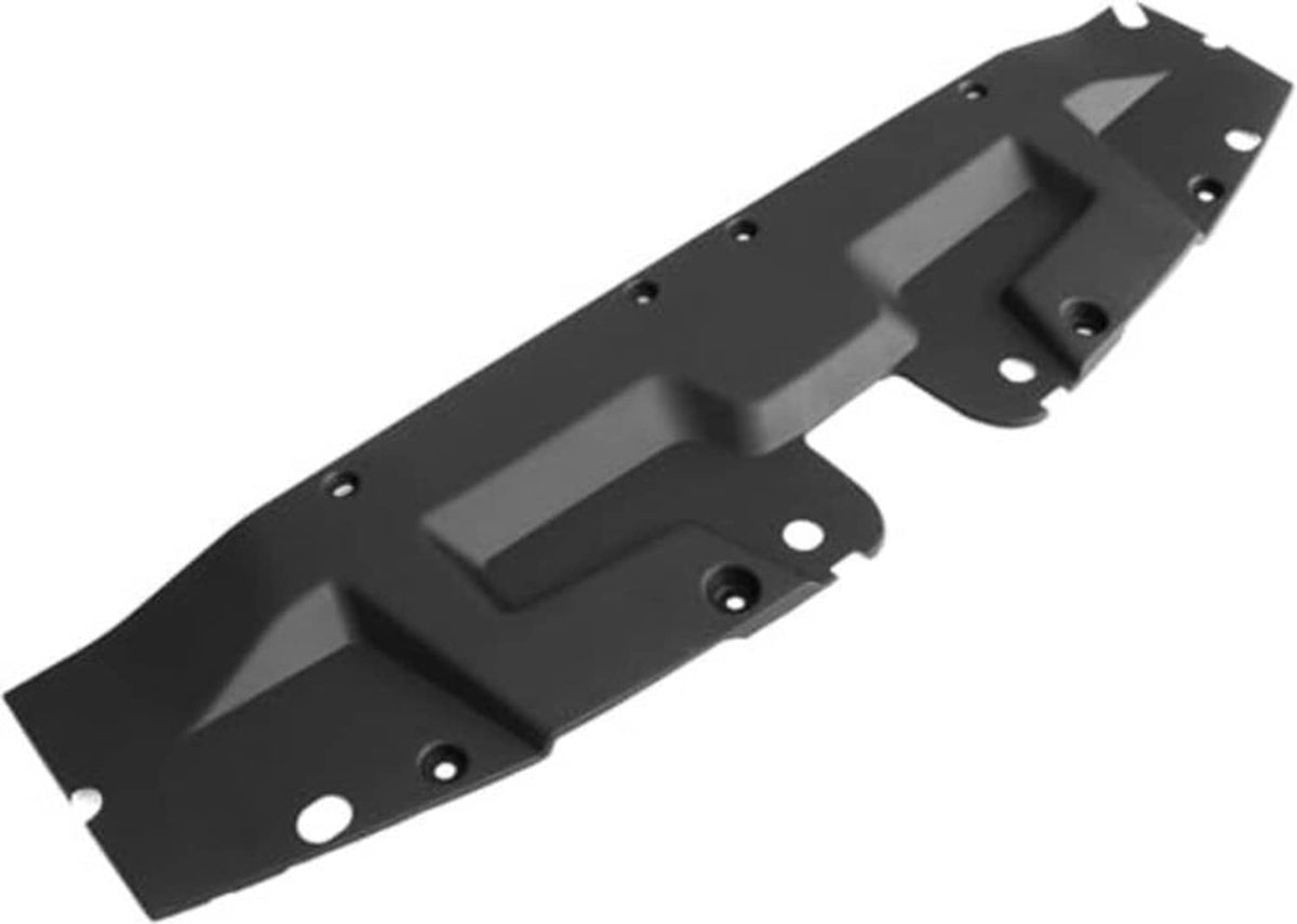 Black upper radiator support cover with molded channels and fastener holes