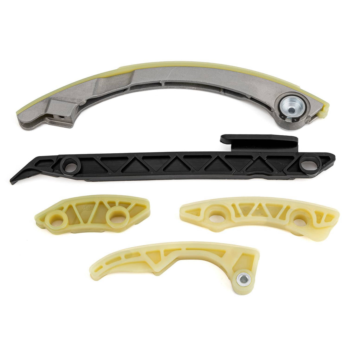 Timing chain guide set with yellow guides and black rail pieces