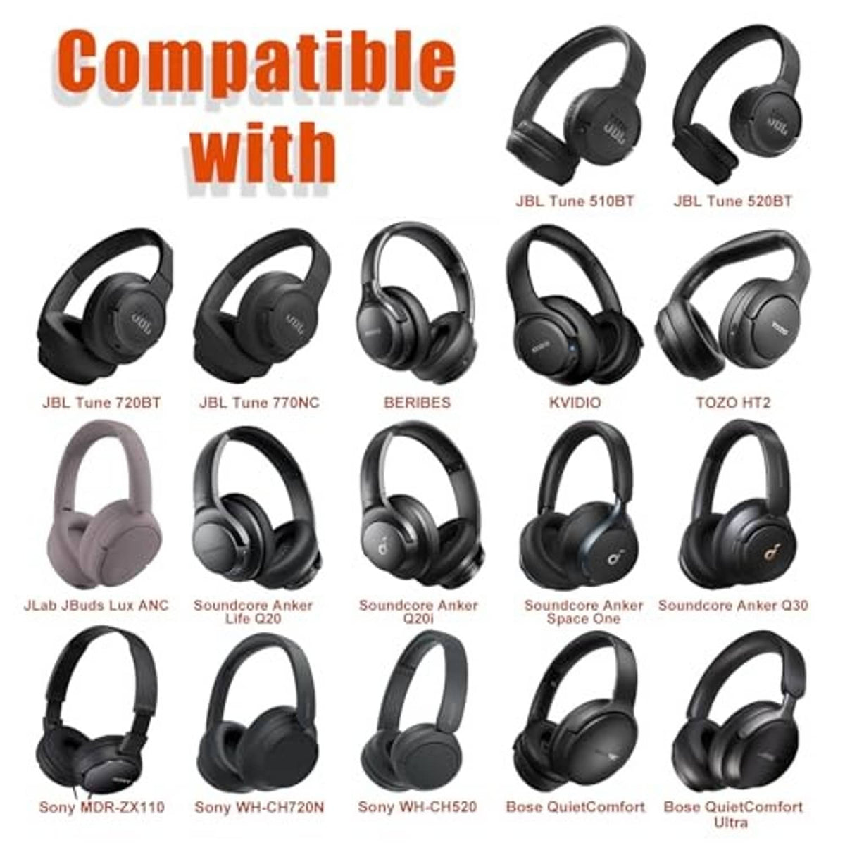 Compatibility chart showing multiple black and light pink wireless headphone models.