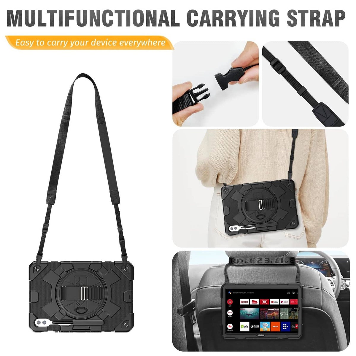 Black multifunction carrying strap rugged tablet case with shoulder-wear option