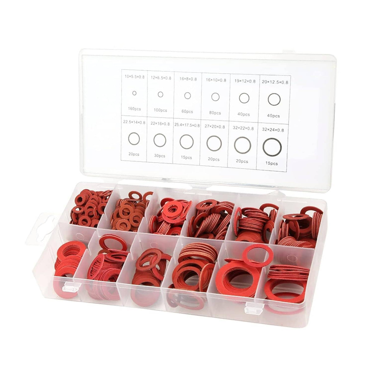 Red washer set in clear case with lid showing size chart and red ring washers