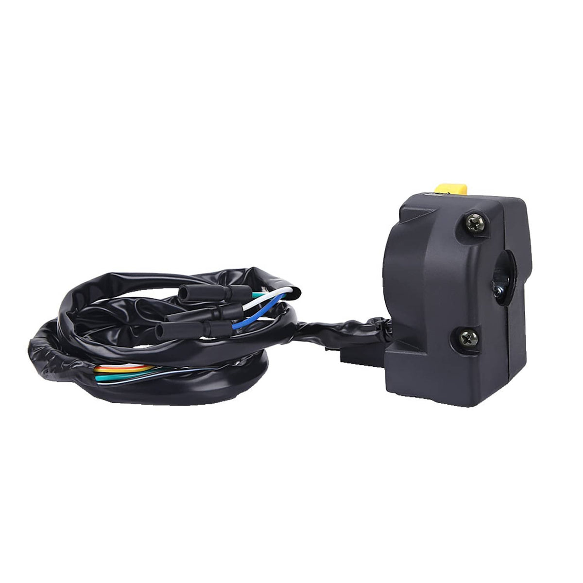 Handlebar switch assembly with mounting bracket, black case, yellow switch, and wire bundle