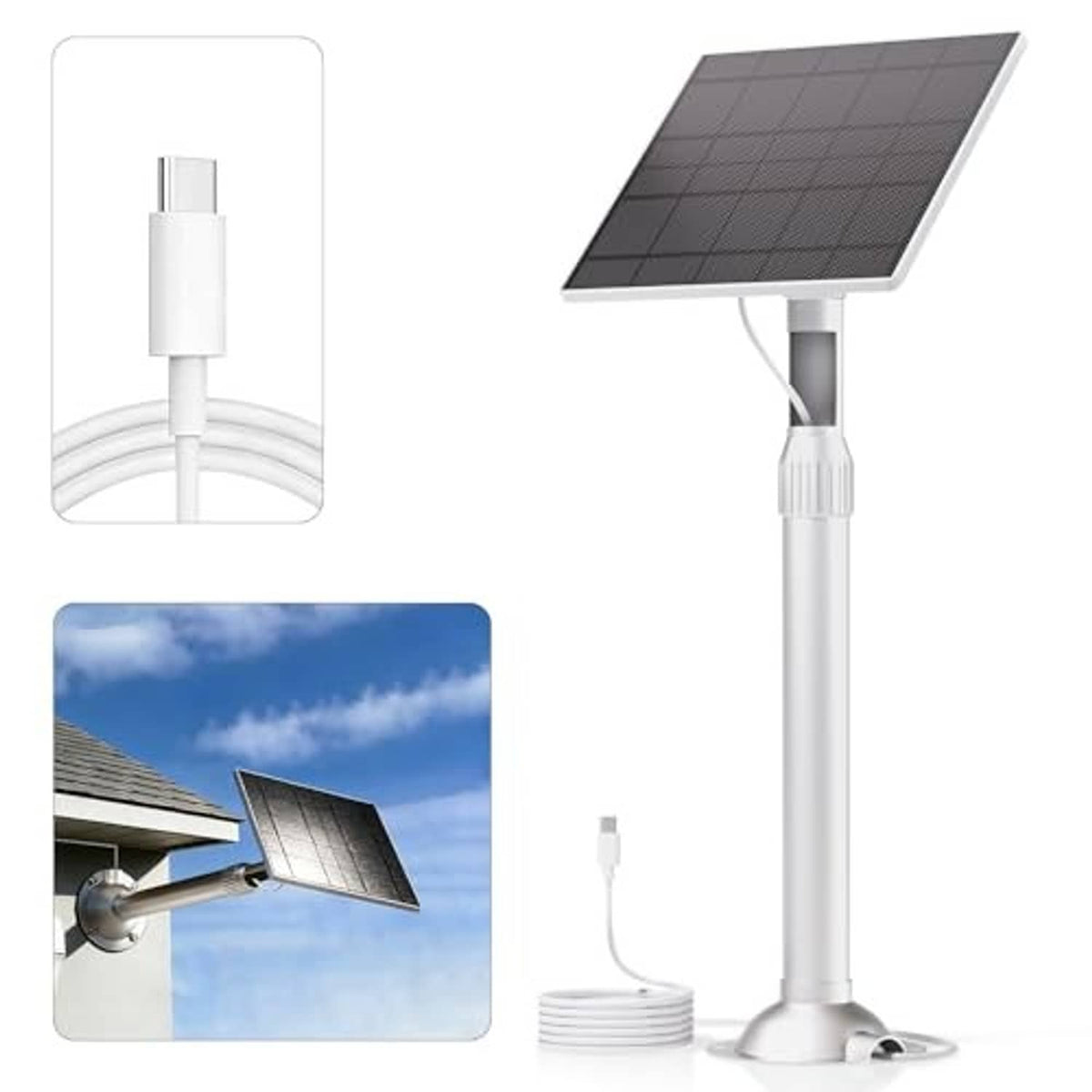 White outdoor solar panel charger kit with telescopic pole, base, and connected cable.