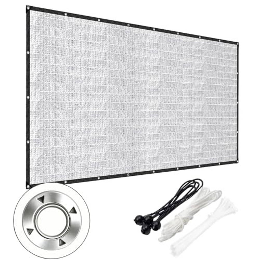 Shade cloth panel with metal grommets and fastening cords set, light gray reflective mesh