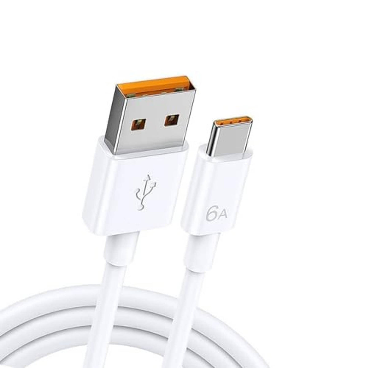 White USB-A to USB-C charging cable with orange USB-A contacts and 6A marking on plug