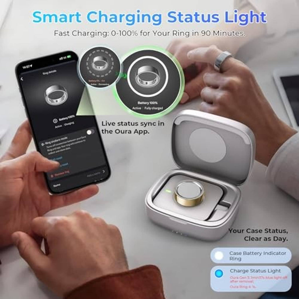 Gray Oura Ring charging case with open lid and charging status indicator lights