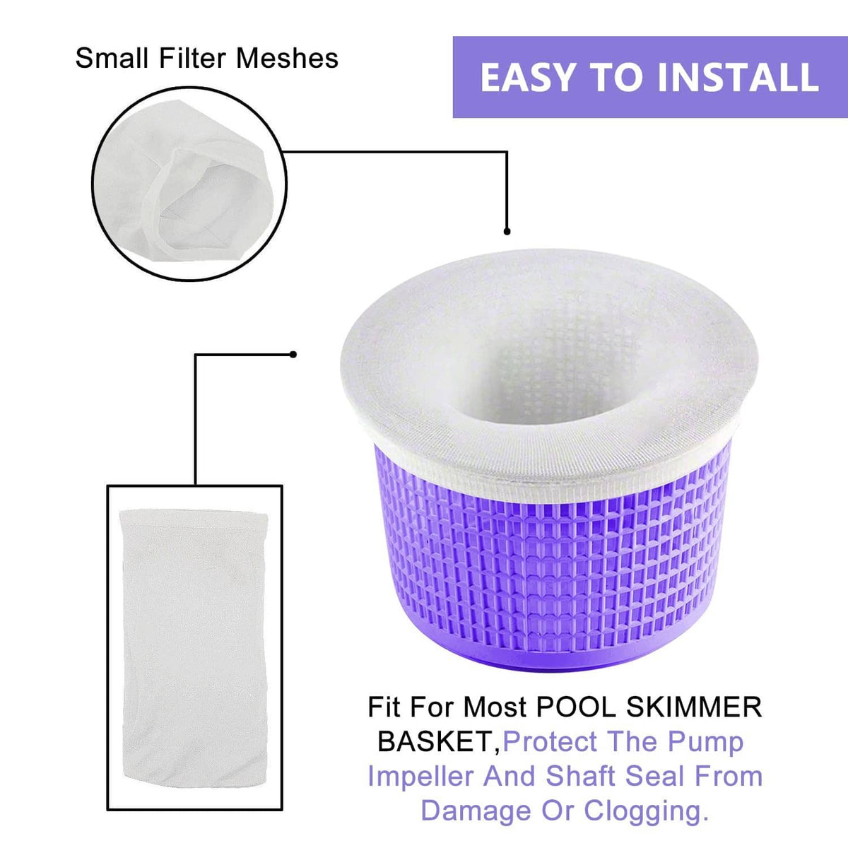 White nylon pool skimmer sock filter with purple mesh basket cup