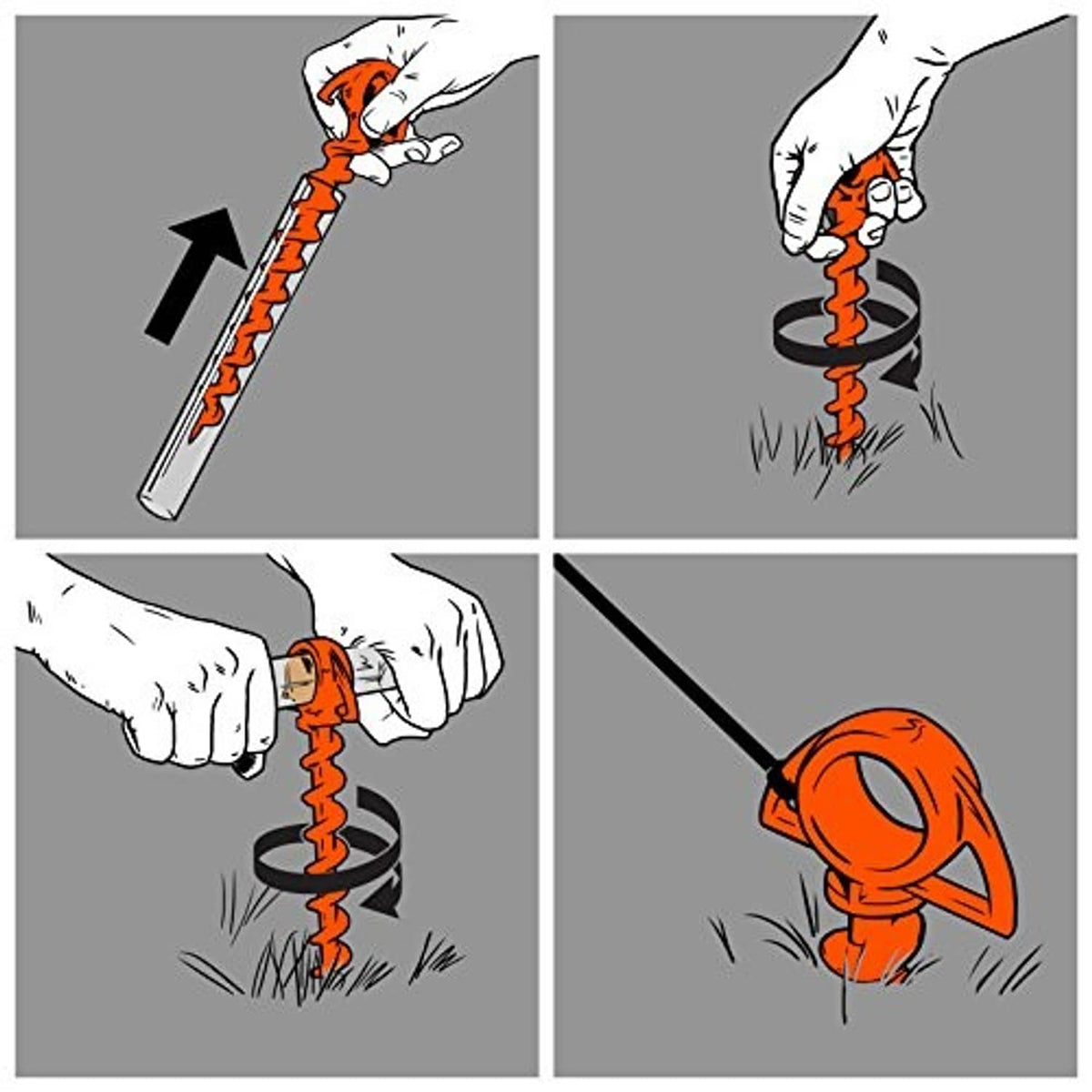 Orange spiral ground anchor being screwed into ground, loop handle