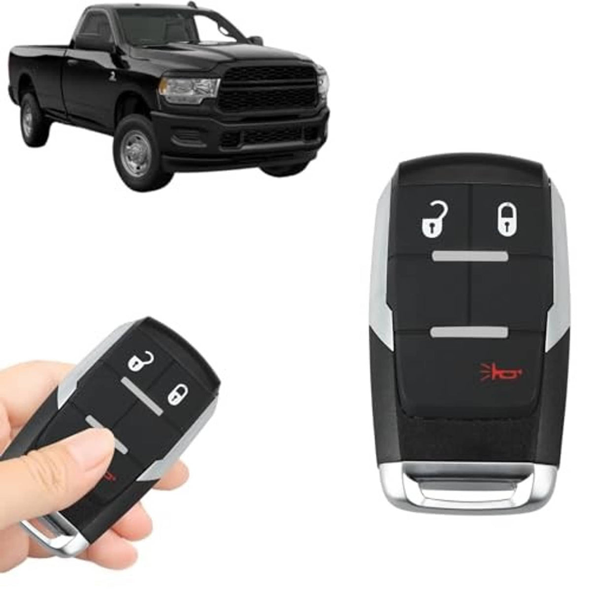 Black keyless entry remote key fob with lock/unlock icons and silver base, angled view