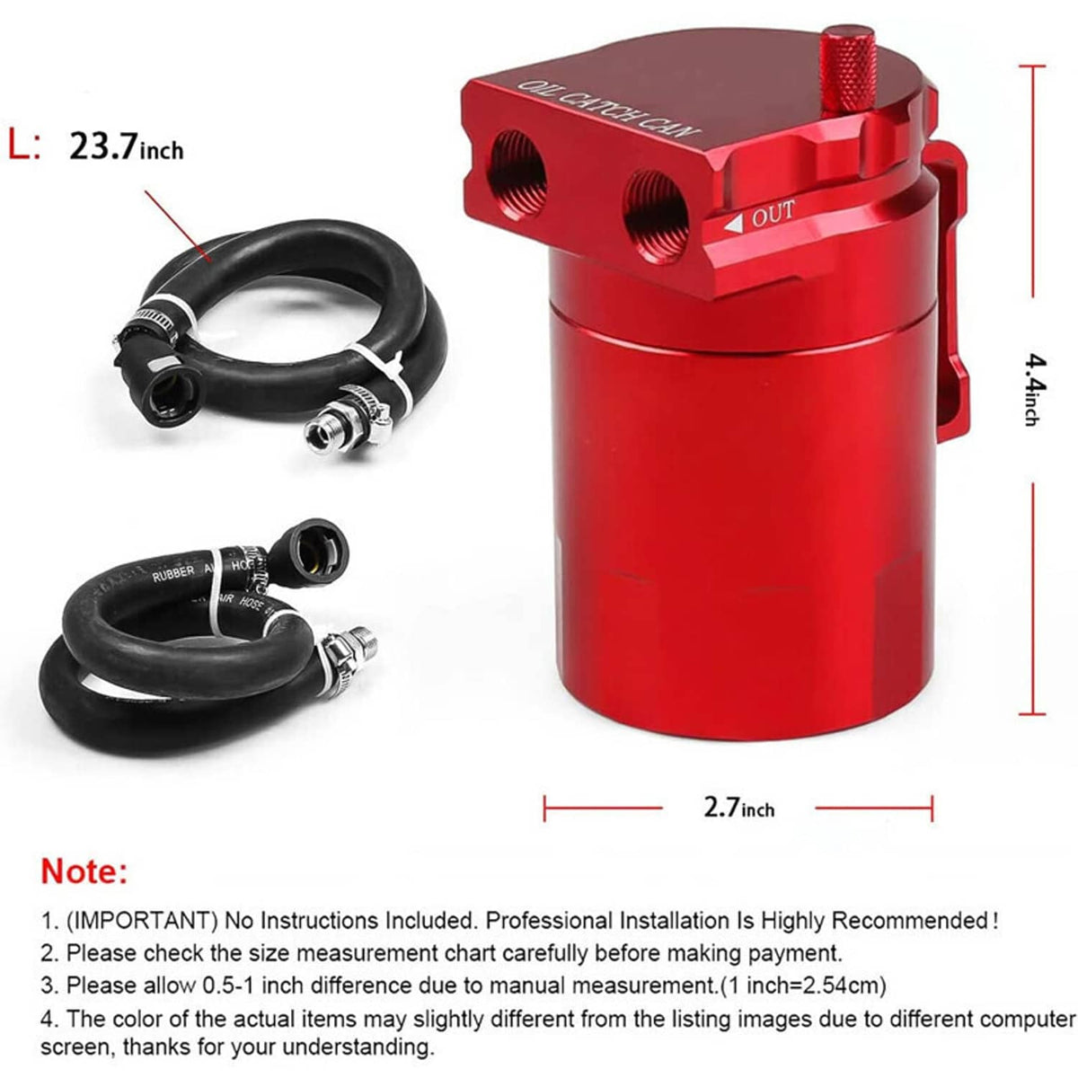 Oil catch can oil separator with red canister, black hoses, and OUT port label