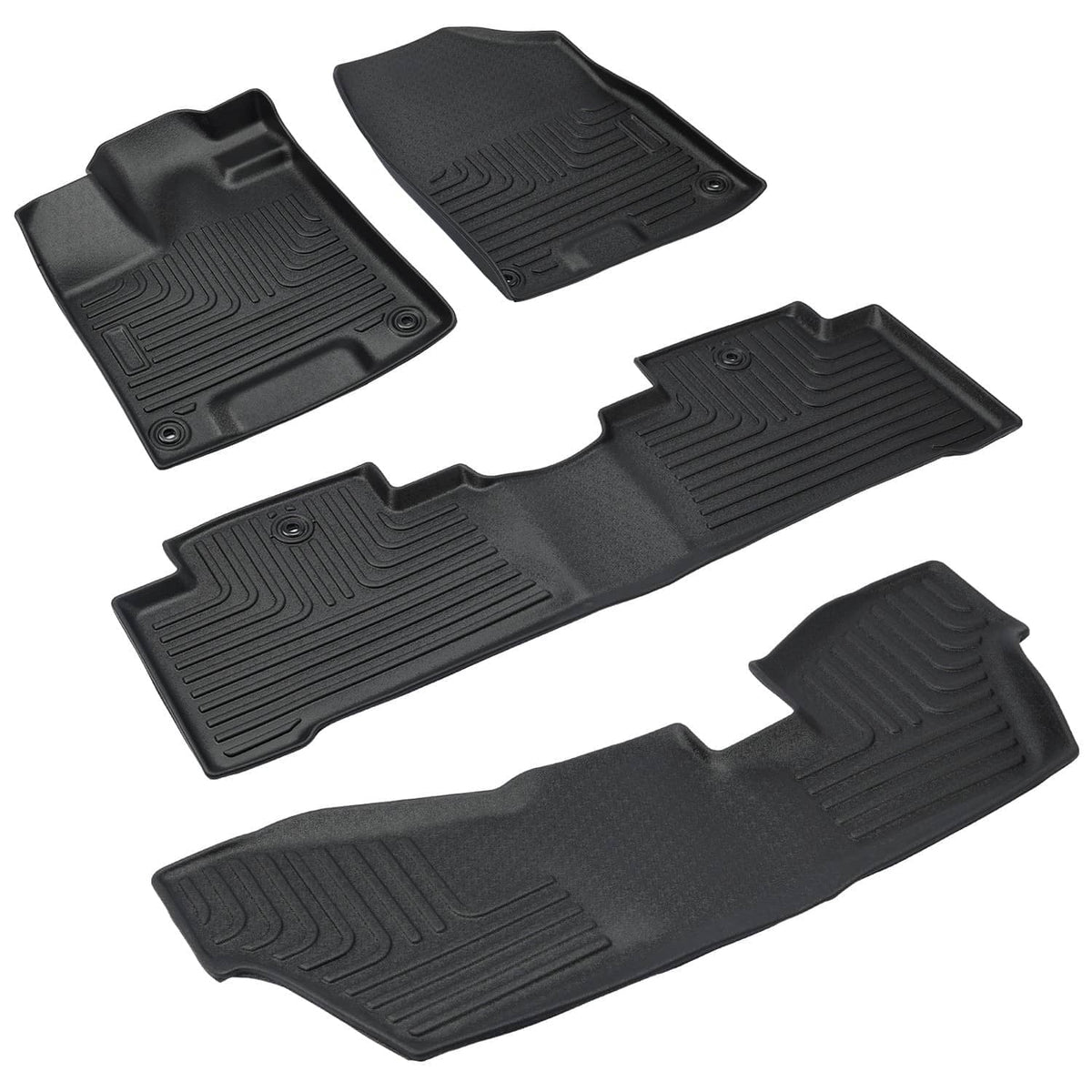 Black rubber floor mat set with raised channel pattern, five-piece arrangement