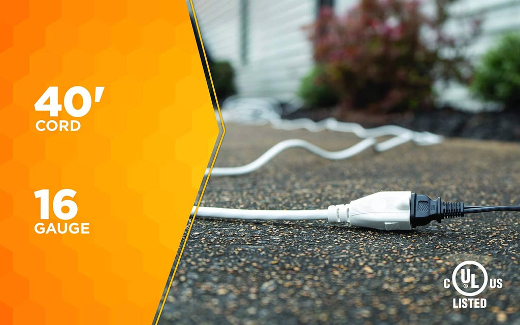 White extension cord with grounded 3-prong plug, UL listed
