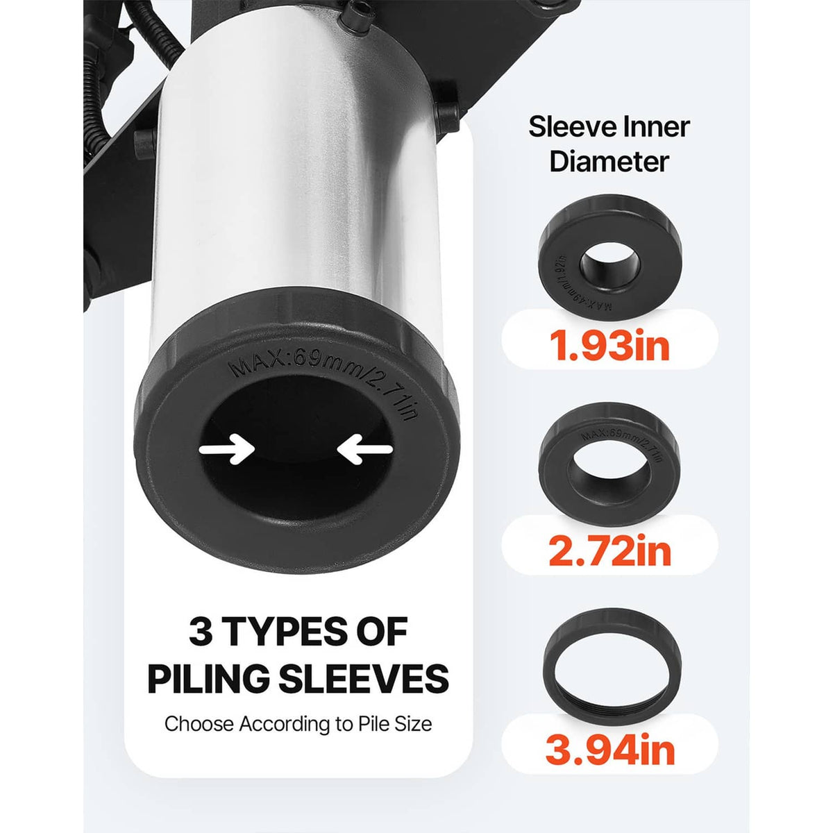 Three black piling sleeve rings showing different sleeve inner diameters