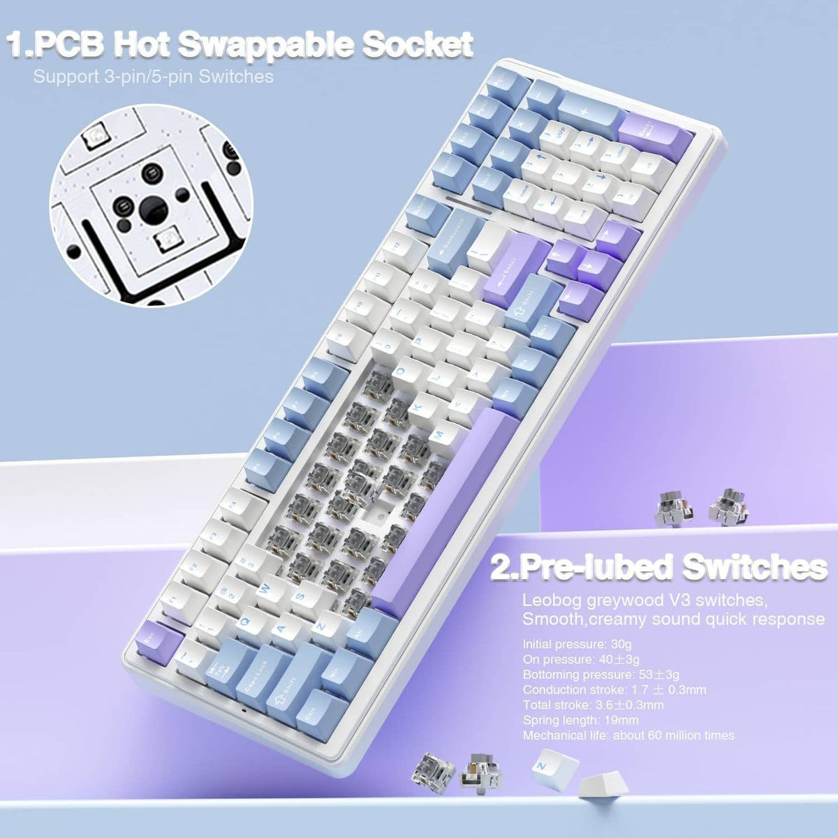 Mechanical keyboard showing hot-swap PCB socket and blue and purple keycaps.