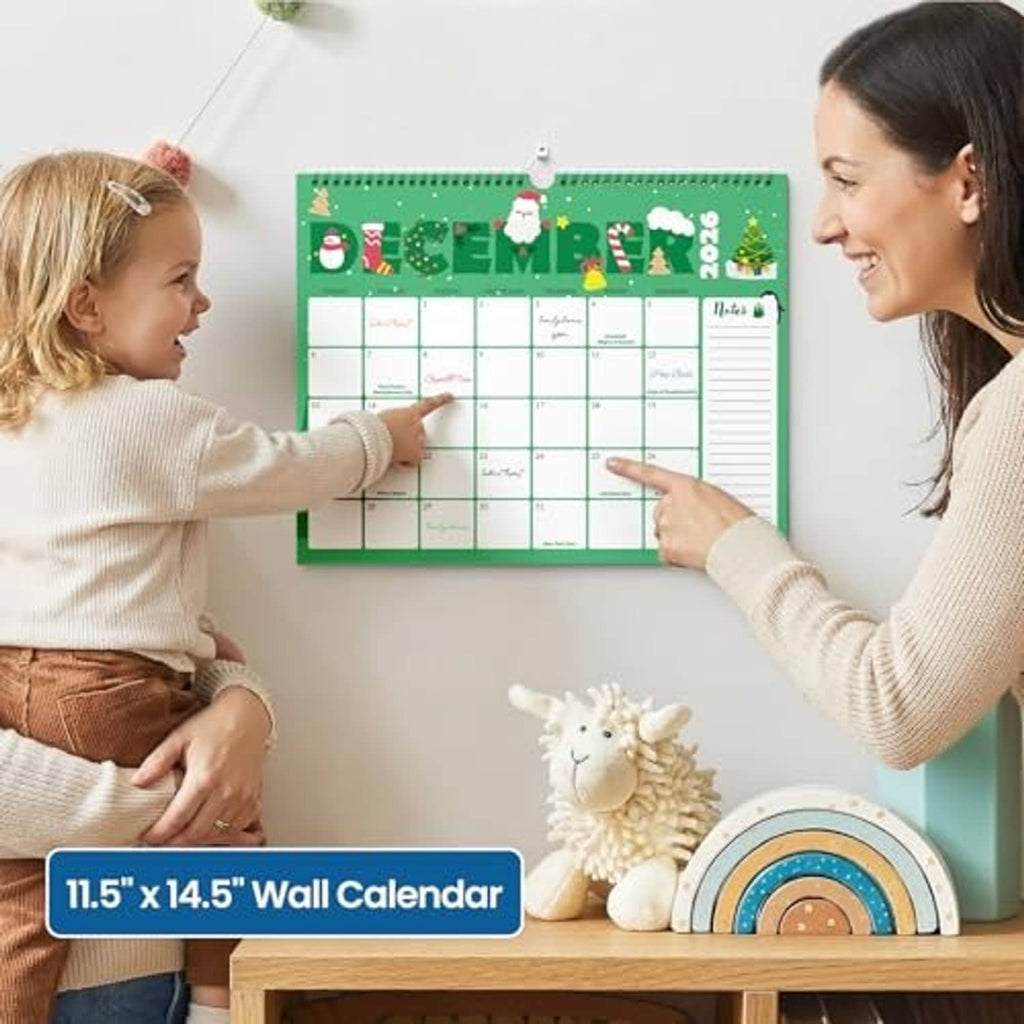 11.5 x 14.5 in wall calendar with green festive panels and notes area
