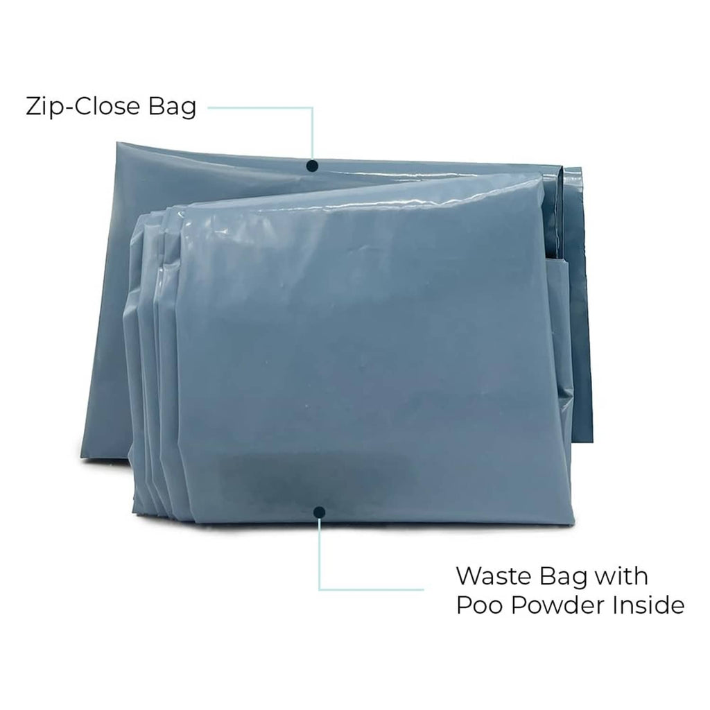 Zip-close blue waste disposal bag with gelling powder inside