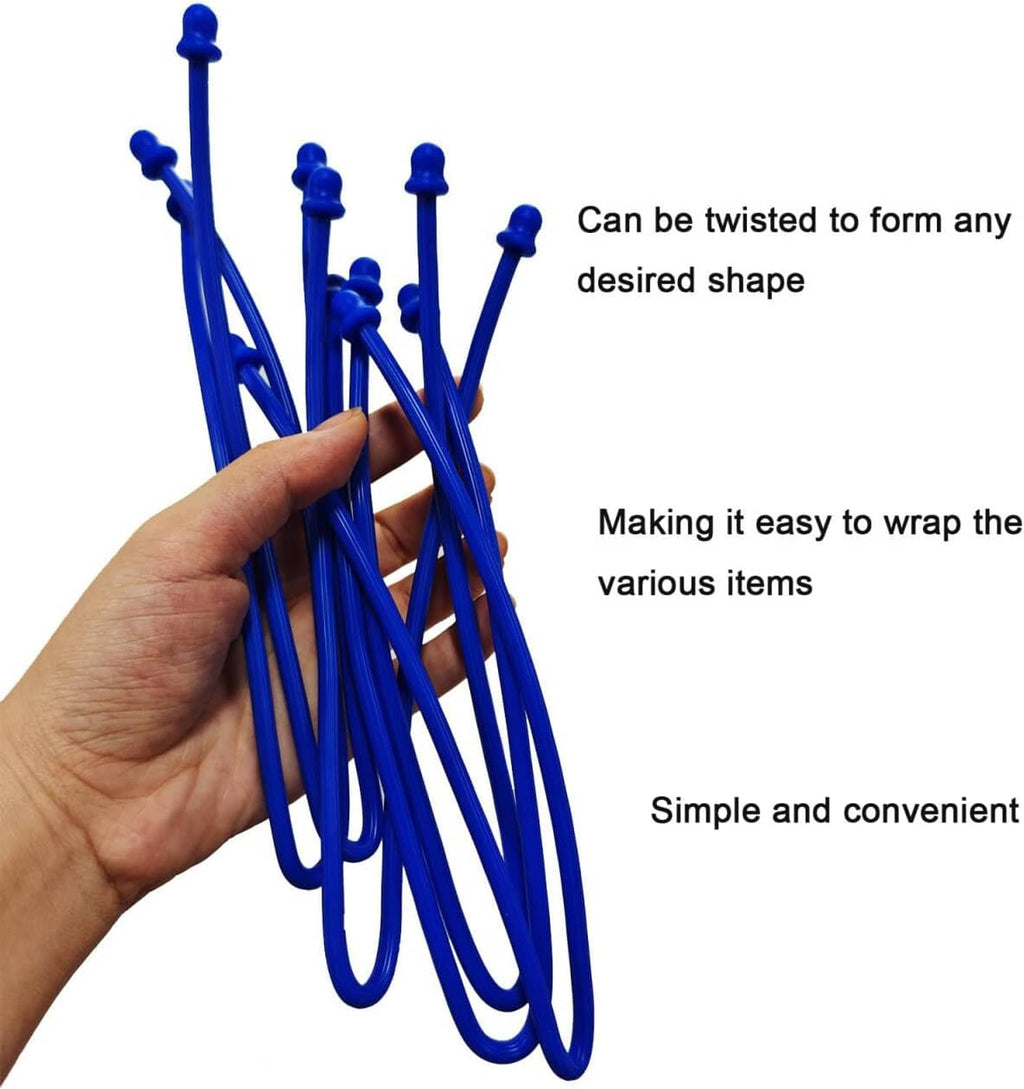 Hand holding multiple blue silicone twist ties with rounded ball fasteners