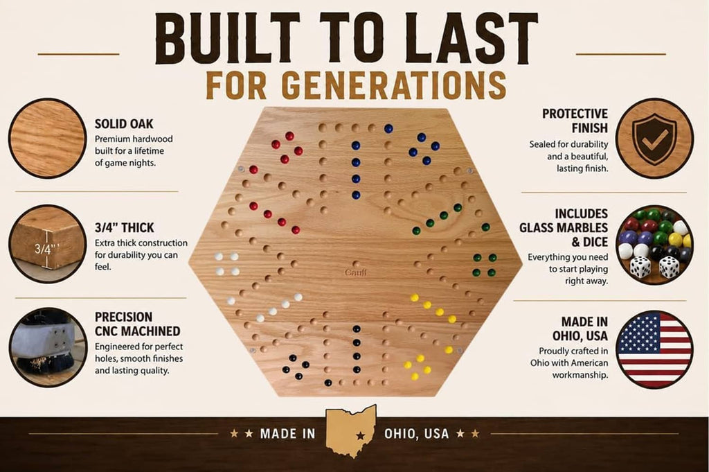 Solid oak hex board game with marble channels and a protective finish