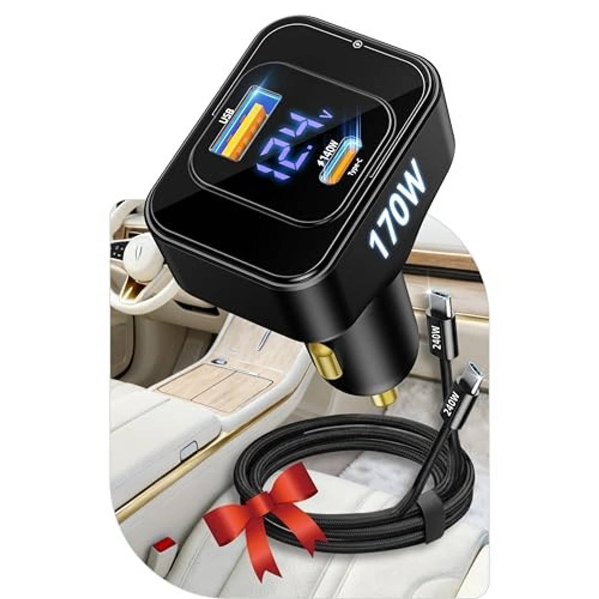 Black fast car charger adapter with LED display, cigarette-lighter plug, coiled power cable