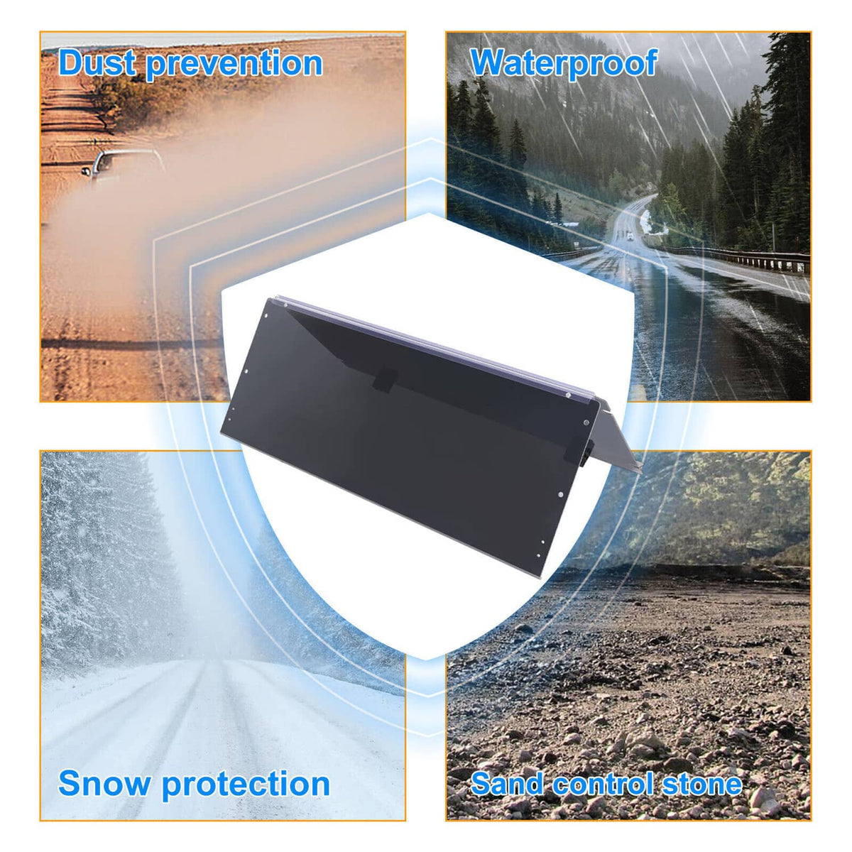 Tinted fold-down flip windscreen panel for protection from dust, water, snow, and sand