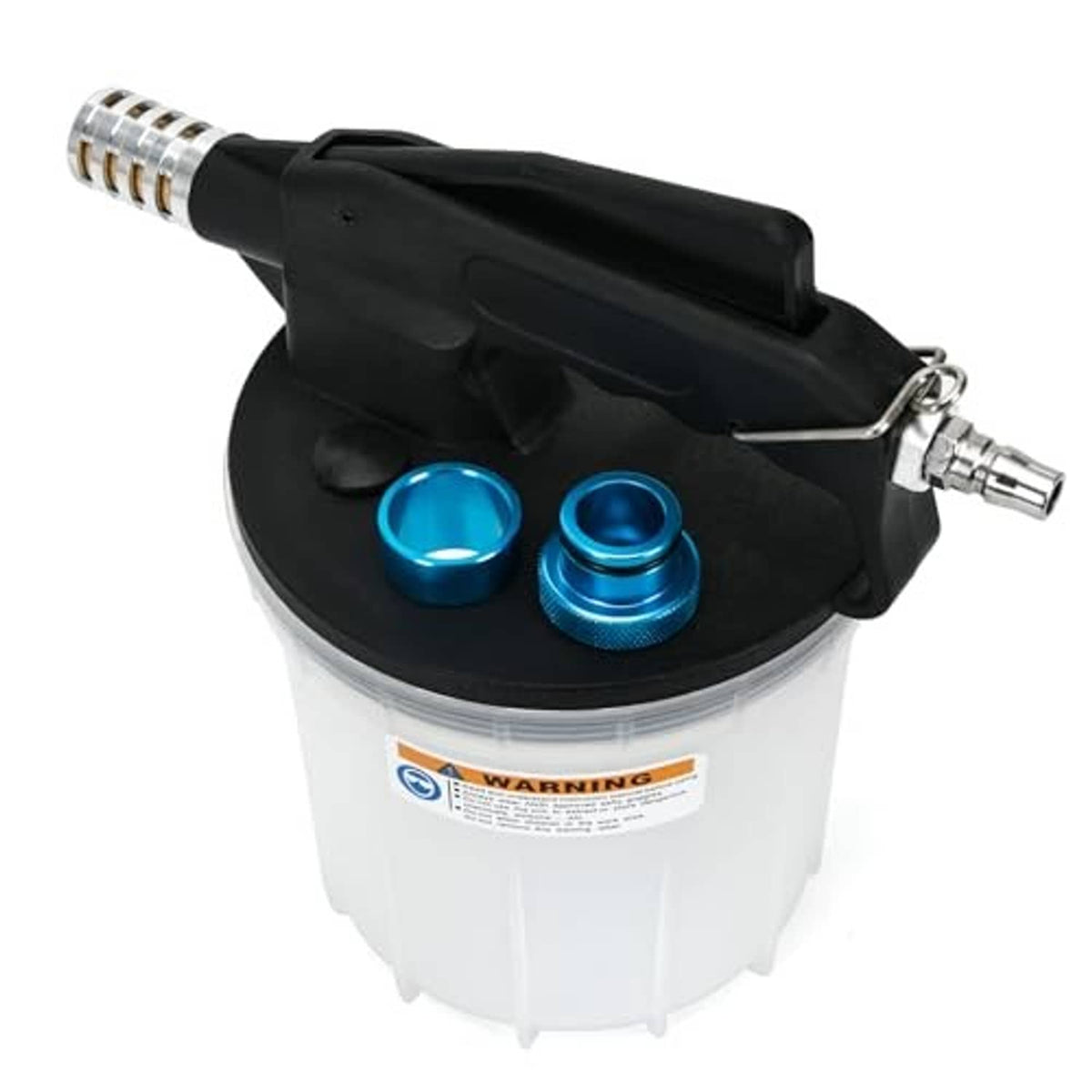 Brake bleeder vacuum pump kit with blue valve caps and black vacuum handle