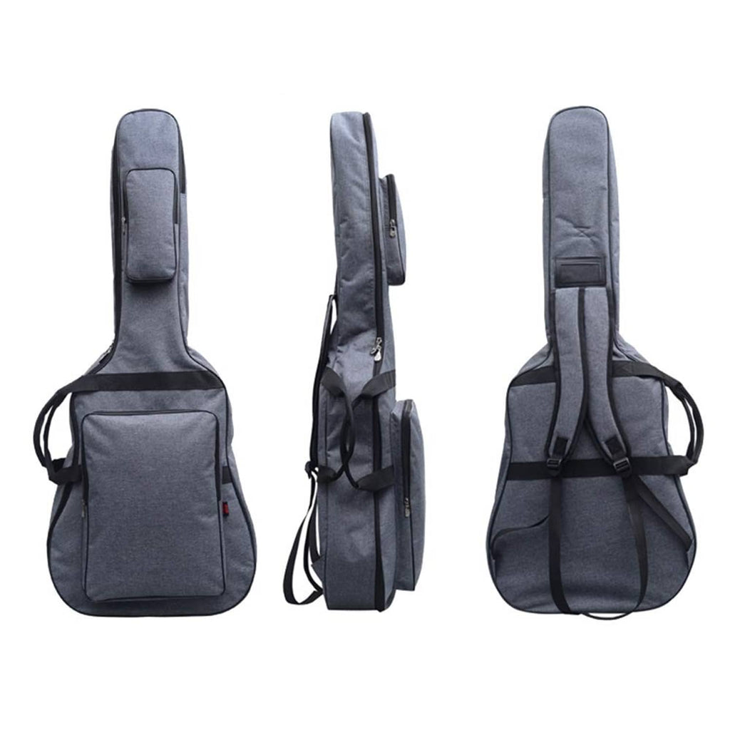 Padded jumbo guitar gig bag in dark gray, with shoulder straps and front pocket.