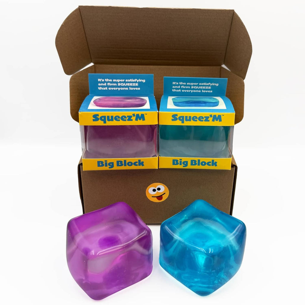 Stress cubes: one purple and one blue Big Block in an open box