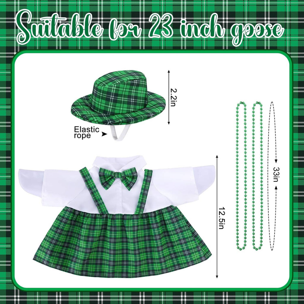 St. Patrick's Day goose outfit set with green plaid top hat, bow tie shirt, bead chains