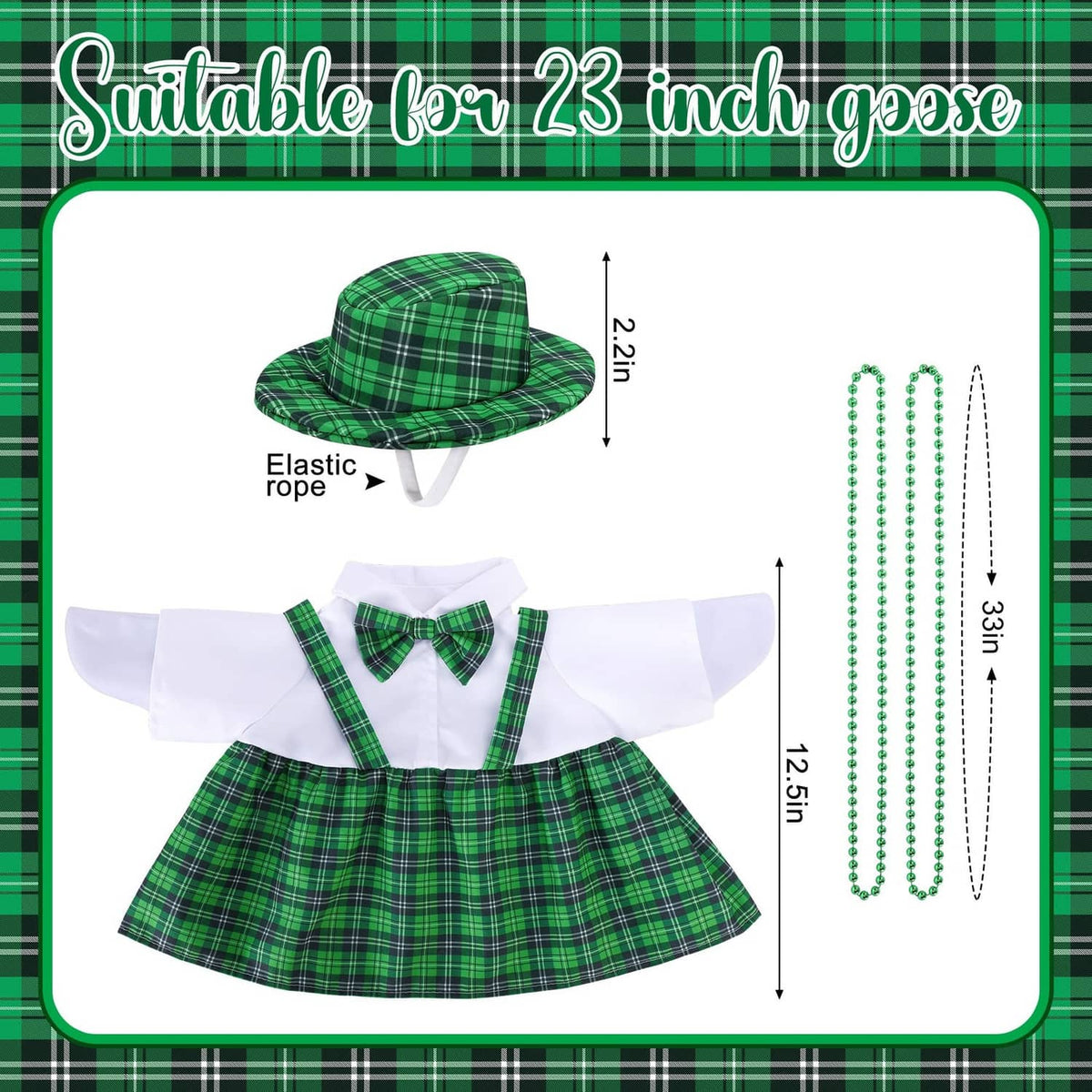St. Patrick's Day goose outfit set with green plaid top hat, bow tie shirt, bead chains