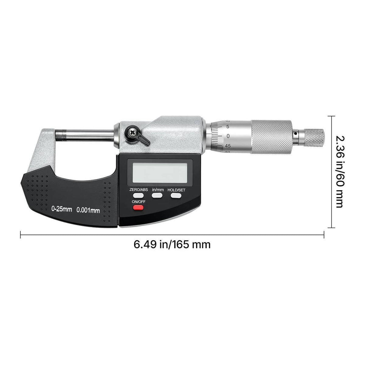 Digital micrometer straight side view with LCD display and knurled thimble