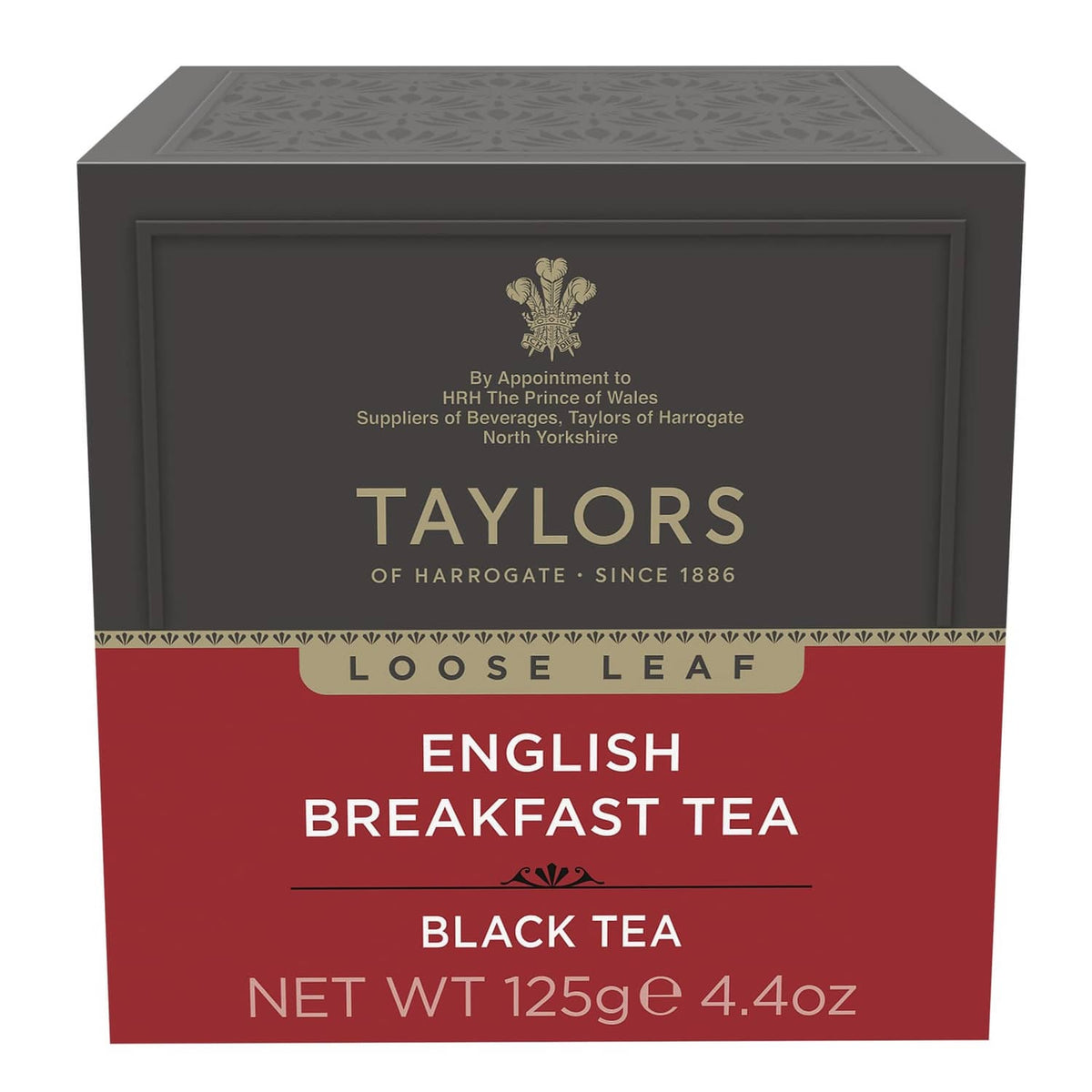 Taylors of Harrogate English Breakfast loose leaf tea carton, front label