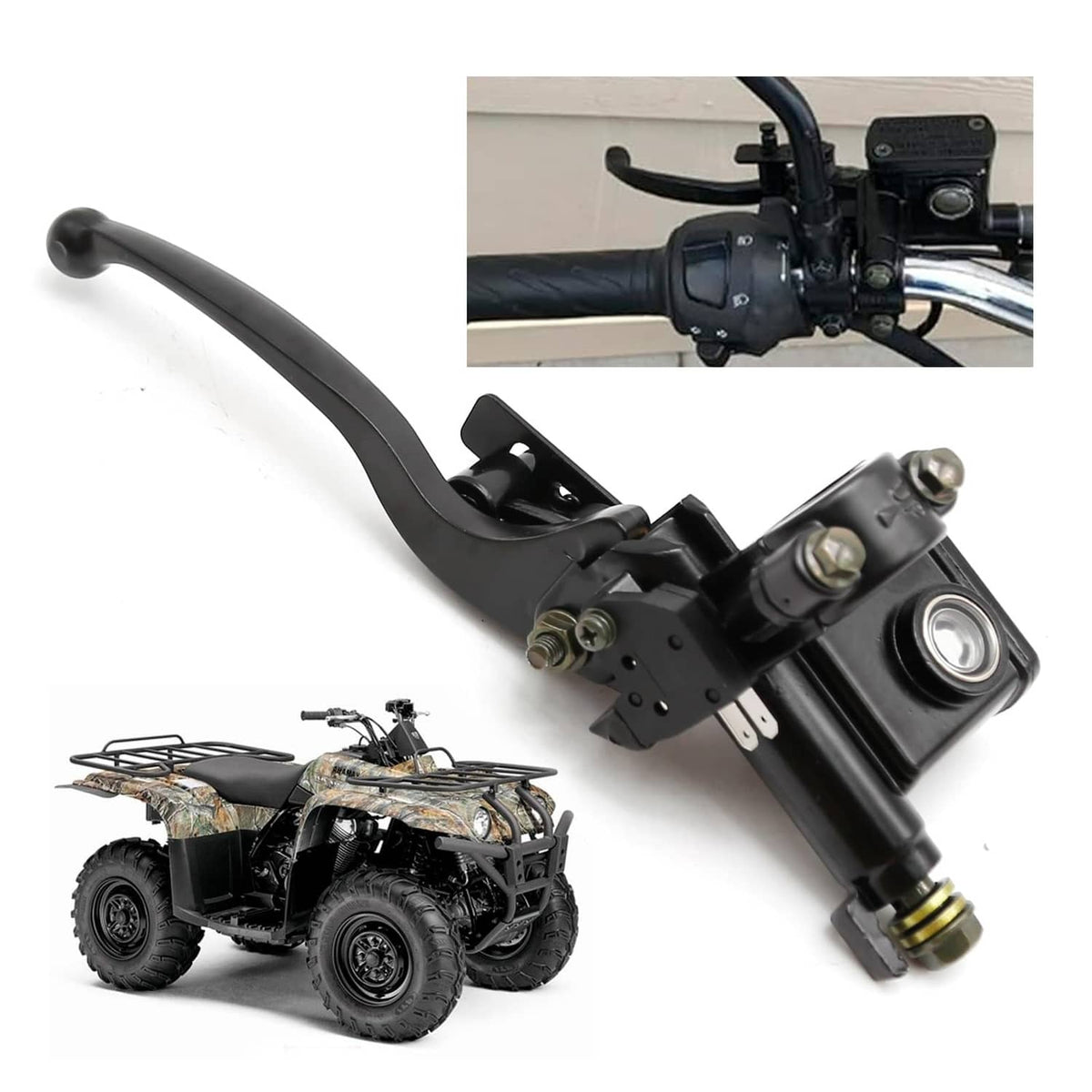 Black brake master cylinder with long lever and mounting bracket, shown beside ATV