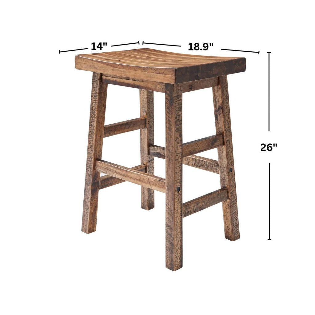 Natural wood counter-height bar stool with saddle seat and crossbar footrest