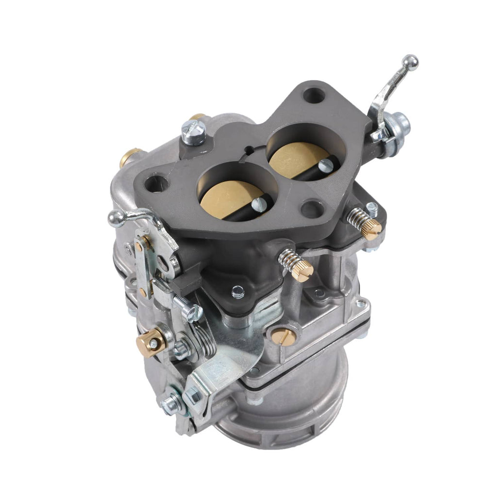 2-barrel carburetor with black intake plate, twin bores, and vacuum linkage