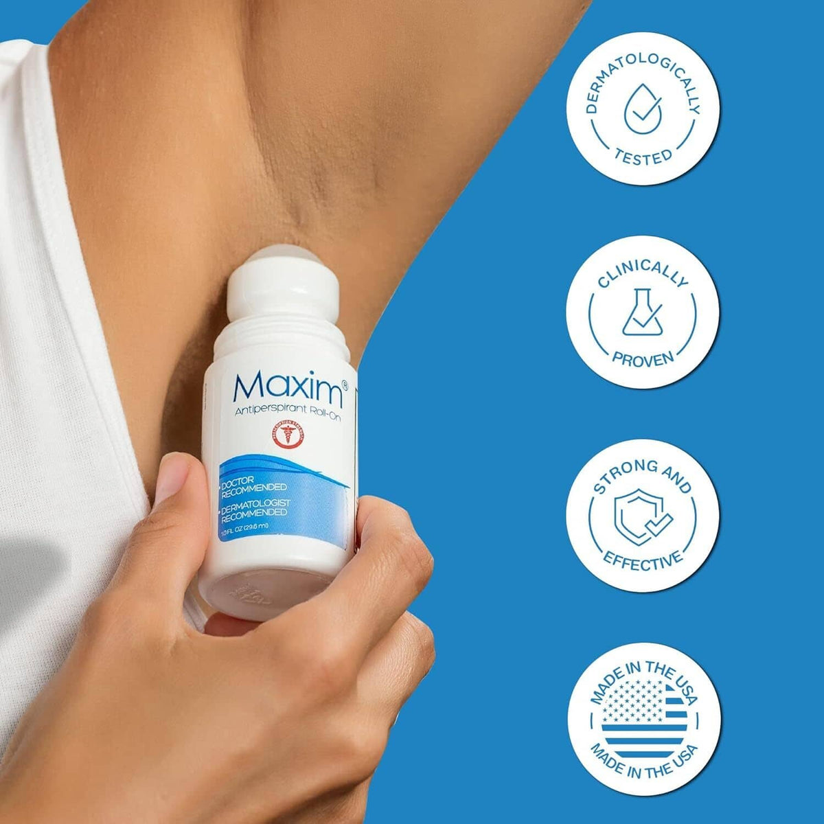 Maxim clinical antiperspirant roll-on bottle close-up held in hands