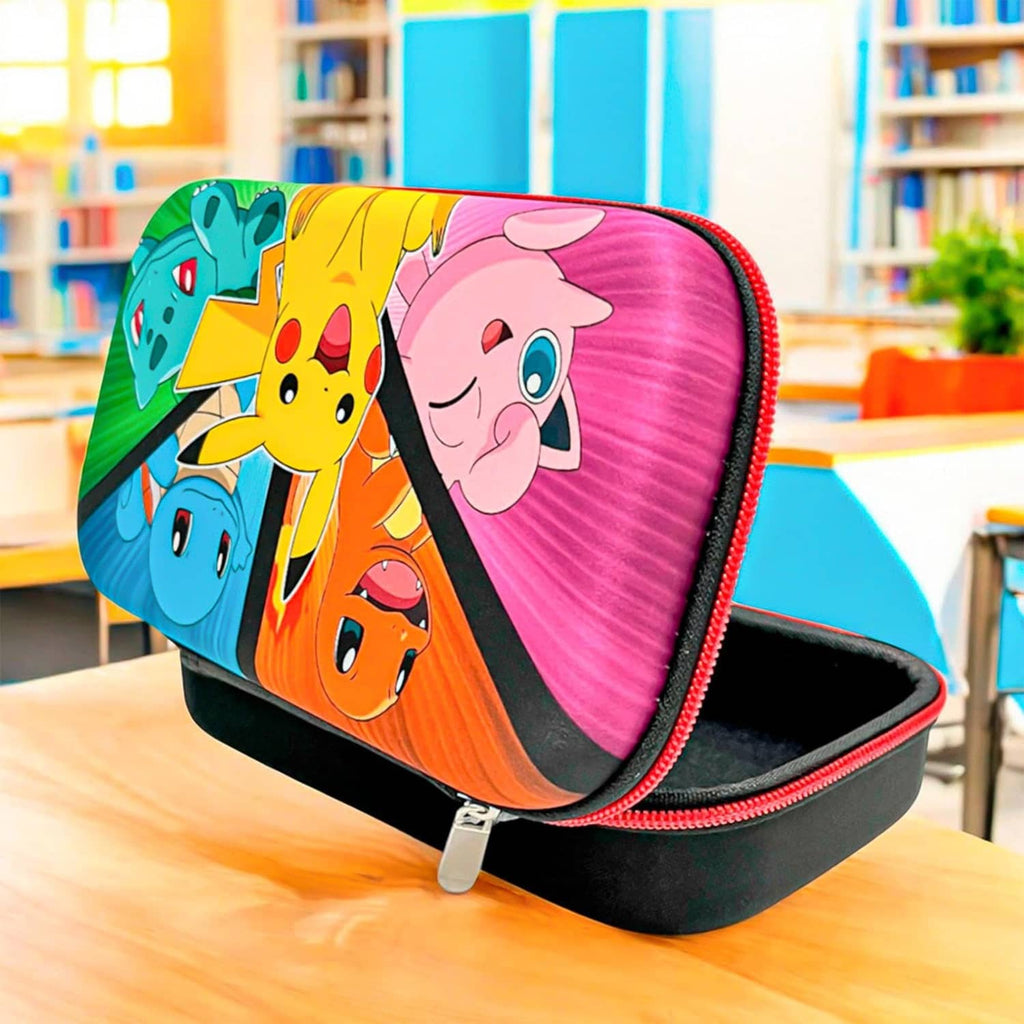 Pokémon pencil case with zipper, multicolor character print and black base