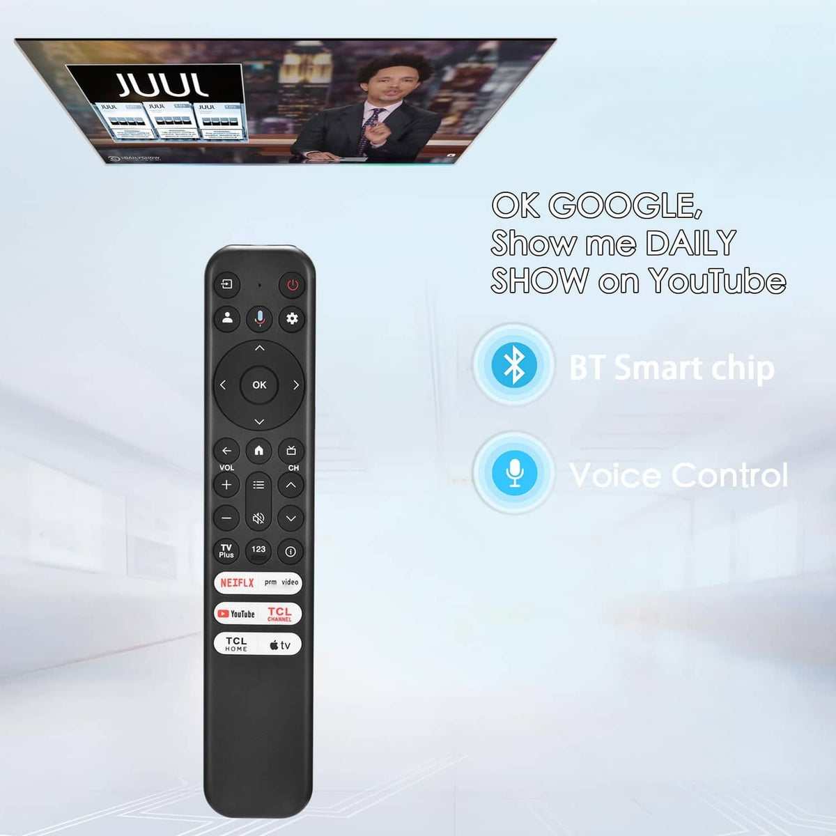 Black TV remote with OK and navigation buttons, voice control microphone icon