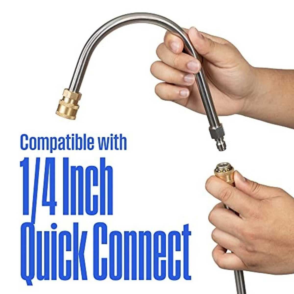 Gutter-cleaning pressure washer wand with brass quick-connect fitting shown in hand