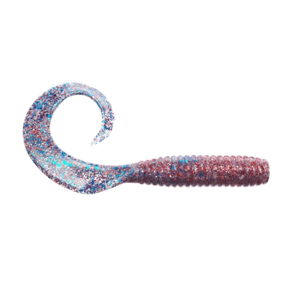 Purple and blue glitter soft fishing bait with curled tail and ribbed body