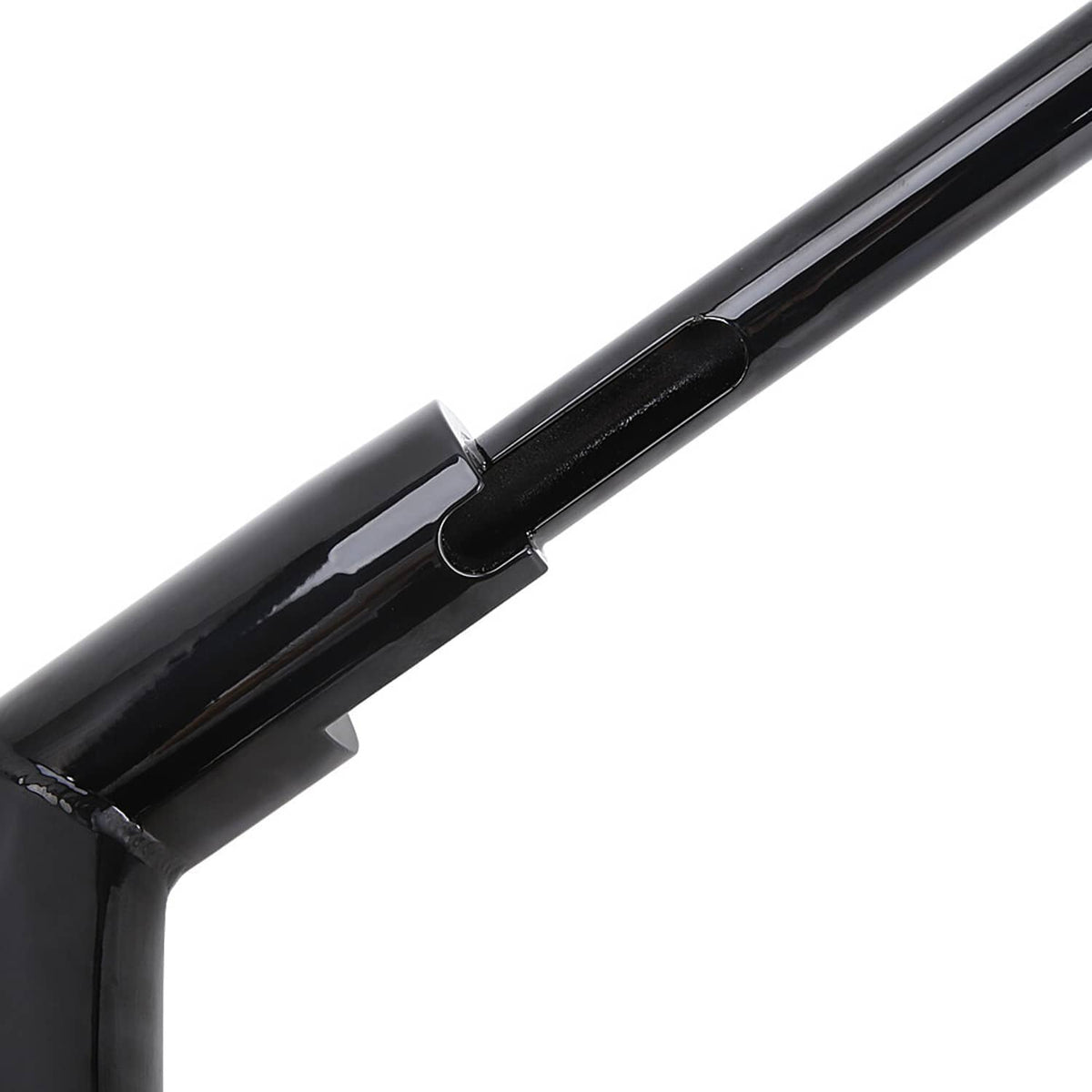 Black motorcycle handlebar with glossy finish and mounting clamp detail
