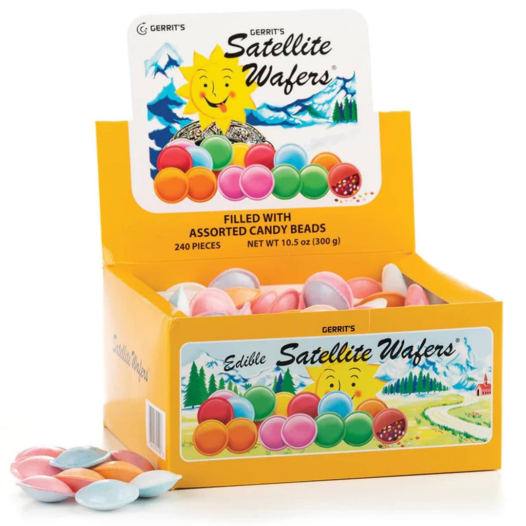 Gerrit’s Satellite Wafers candy pack with open box and assorted colorful candy beads