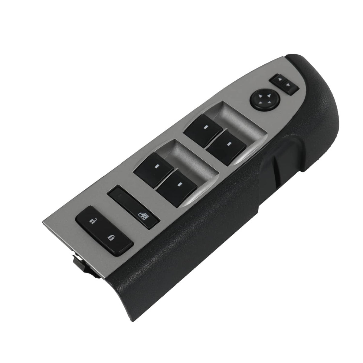 Power window switch with black bezel, diagonal view of master controls and lock button