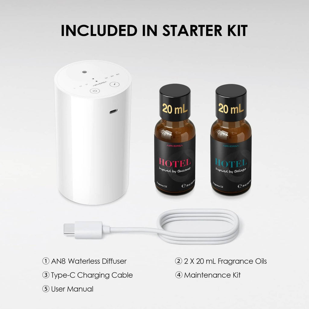 Airversa starter kit: white waterless diffuser, 2x 20 mL oil bottles, and charging cable
