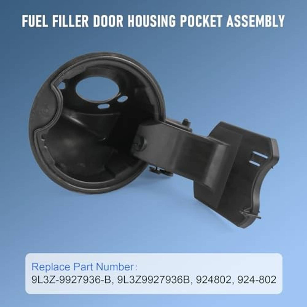 Black fuel filler door housing pocket assembly, open circular filler cap housing
