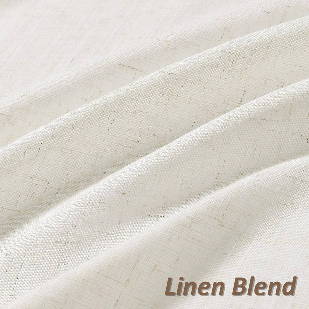 Natural linen blend curtain fabric panel with textured woven finish, close-up
