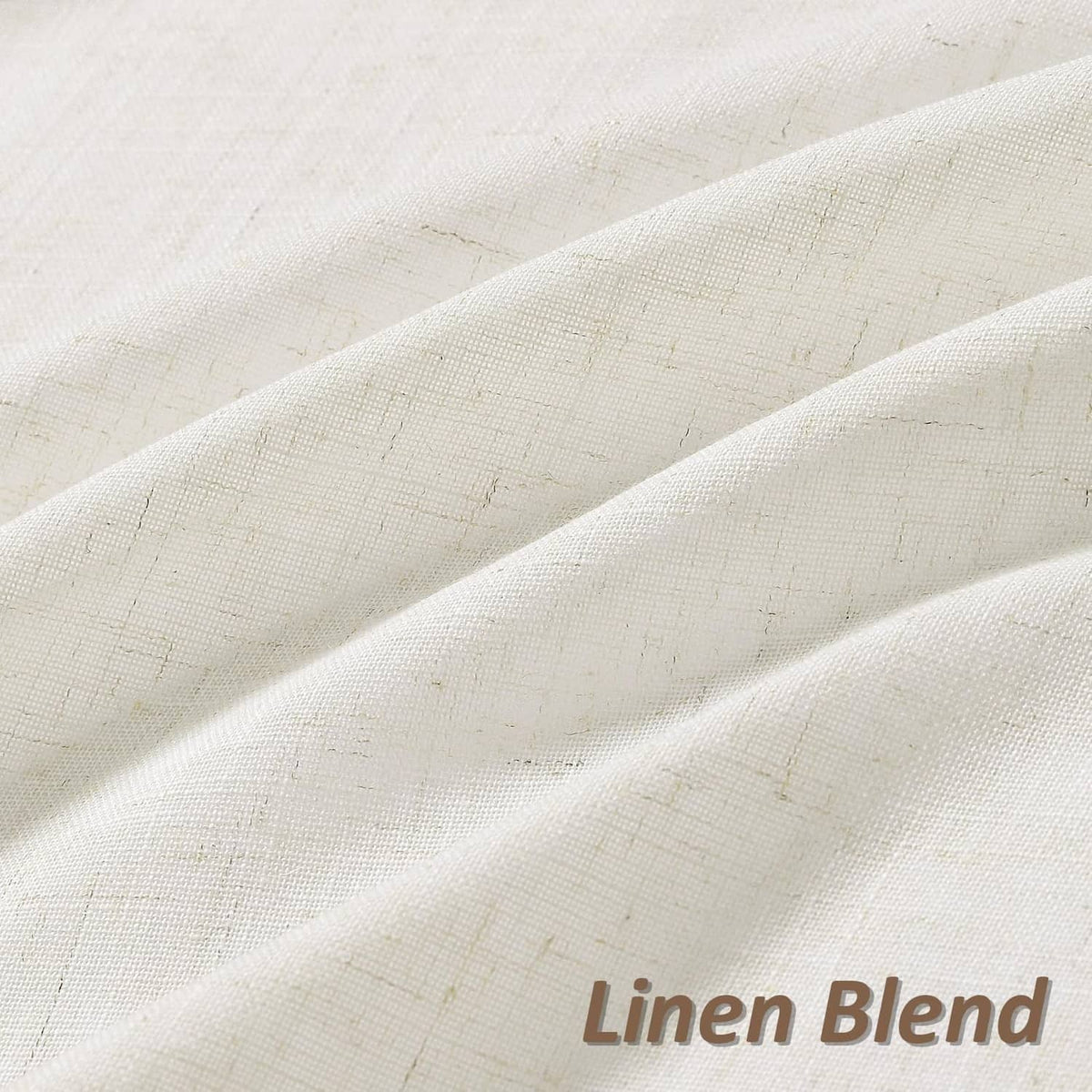 Natural linen blend curtain fabric panel with textured woven finish, close-up
