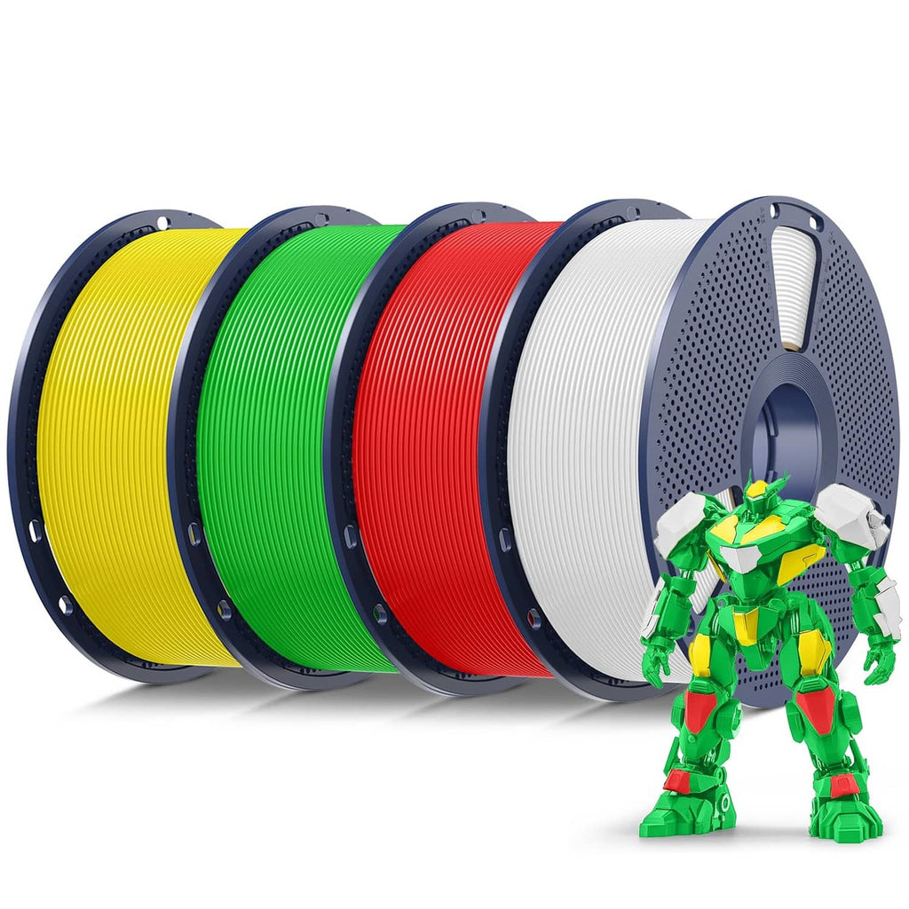 PLA 3D filament spools in yellow, green, red, and white on grey holders