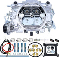 Four-barrel carburetor with electric choke, chrome-finished aluminum body, front view.