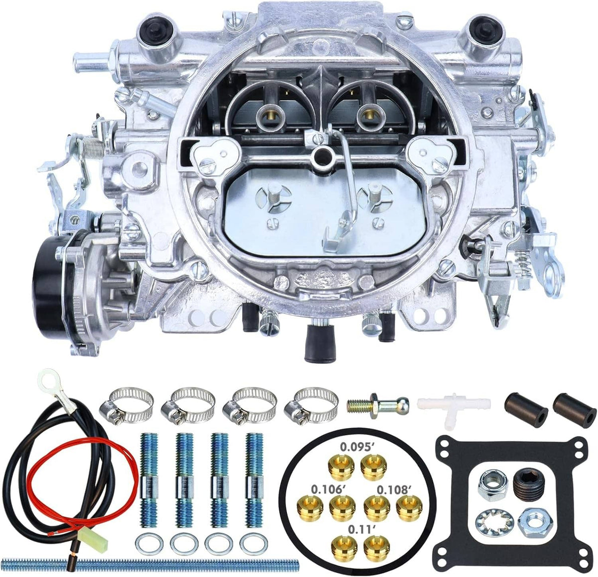 Four-barrel carburetor with electric choke, chrome-finished aluminum body, front view.